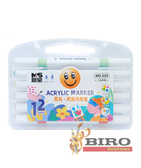 Marker Acrilic cu vârf dublu, 12 culori, cutie plastic, ML49-7